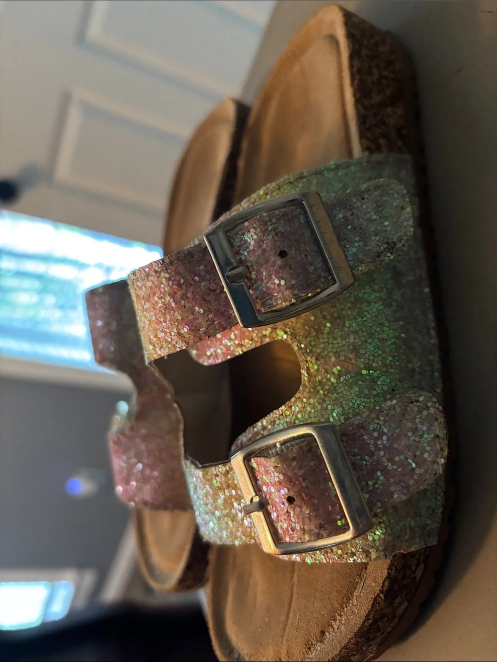 Kids Glitter Dual-Buckle Slide Sandals — Iridescent Pink
